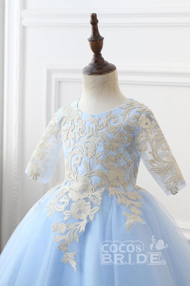 Light Blue Scoop Neck Half Sleeves Ball Gown Flower Girls Dress