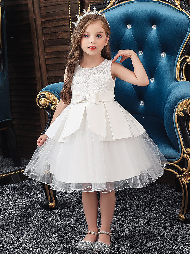 A-Line Knee Length Wedding / Party Dress - Tulle / Matte Satin / Poly&Cotton Blend Jewel Neck with Lace / Bow(S) / Beading