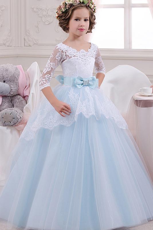 Scoop Neck 3/4 Sleeves Ball Gown Flower Girls Dress with Lace