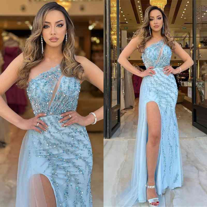 Glamorous Mermaid Prom Dress - Baby Blue with Split Sequins