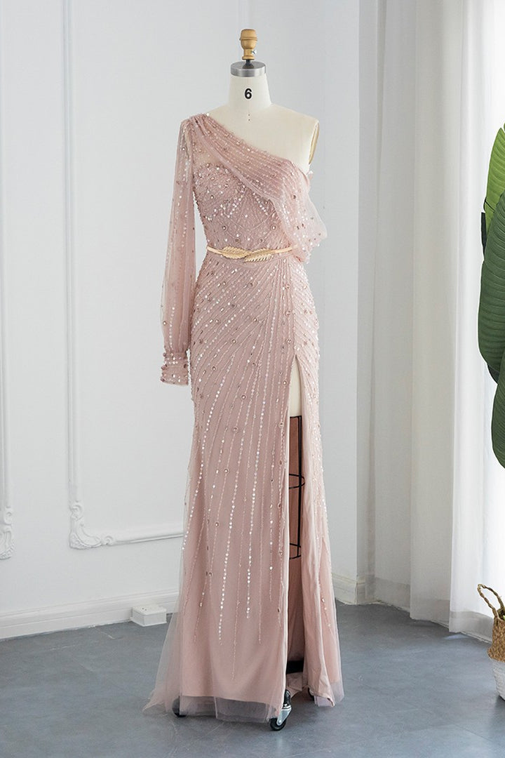 Pink Mermaid Evening Dress With Appliques & Seqiuns Side Split