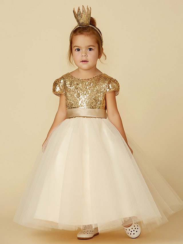 Princess Short Sleeve Jewel Neck Flower Girl Dress with Tulle Sequined Sash & Ribbon Sequin