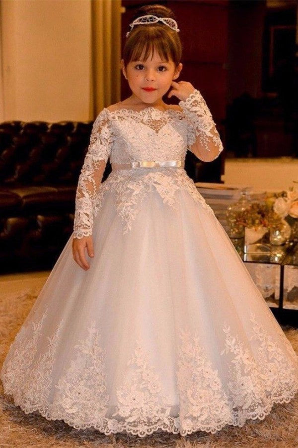 A-Line Bateau Long Sleeve Backless Flower Girl Dress With Lace Bowknot Appliques