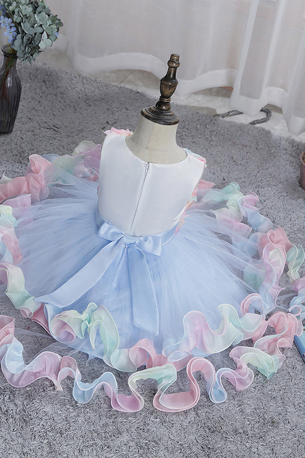 Princess Floral Jewel Sleeveless Flower Girl Dress with Tulle Appliques