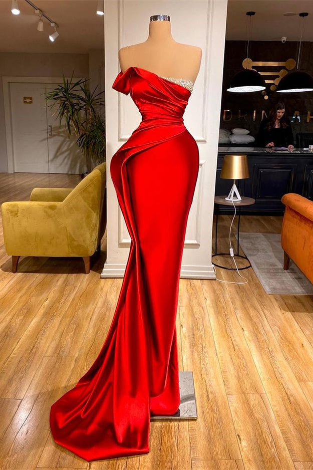 Long Red Strapless Prom Dress with Beadings