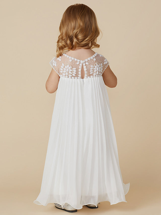 Short Sleeve Jewel Neck Flower Girl Dresses with Chiffon Beading and Draping