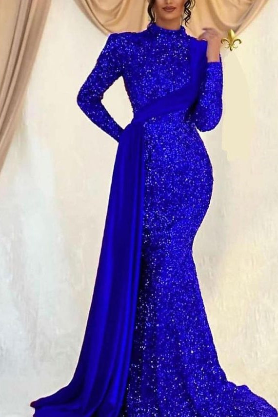 Glamorous Long Sleeves Prom Dress with Mermaid Sequins and Ruffles