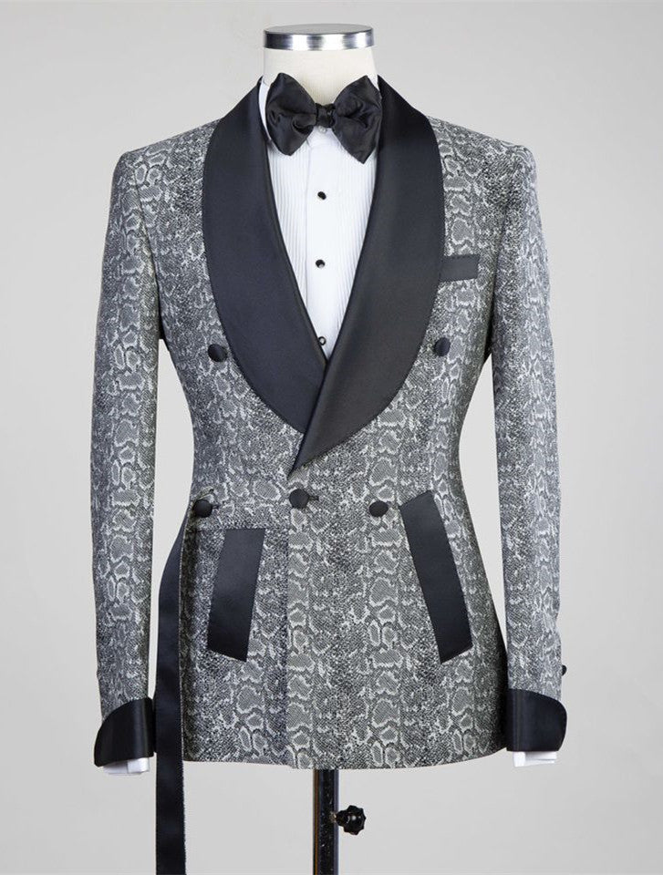 Khalil Gray Double Breasted Wedding Suit with Black Lapel