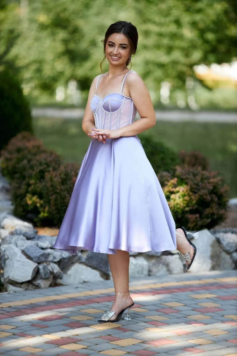 Lilac Evening Dress with Sleeveless Spaghetti Straps & Beads