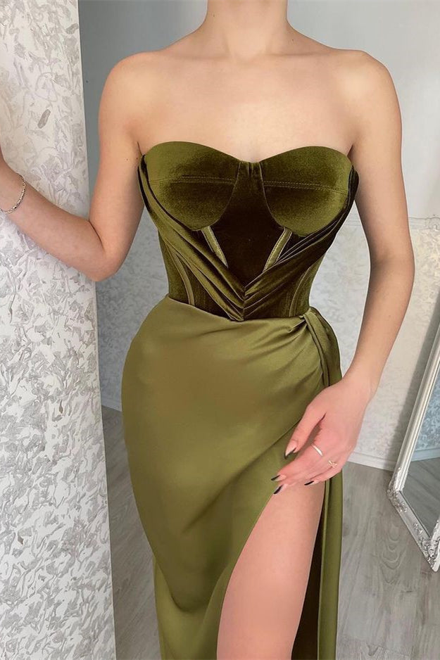 Look Elegant in Strapless Mermaid Evening Dress With Split Olive Green