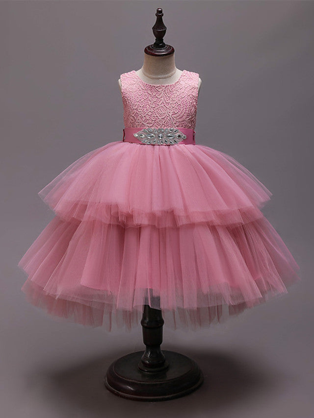 Asymmetrical Jewel Flower Girl Dress with Sleeveless Tulle and Belt - Crystals and Rhinestones