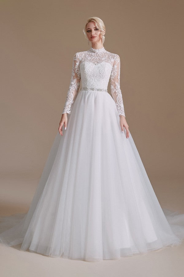 High Neck Long Sleeves Modest A-line Wedding Dress with Tulle Lace