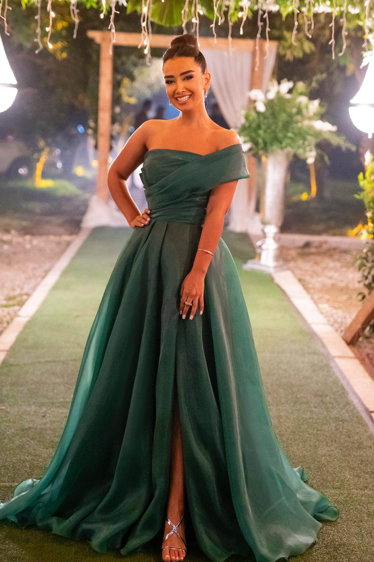 Dark Green Mermaid Evening Dress with Bowknot Strapless and One Shoulder Front Split