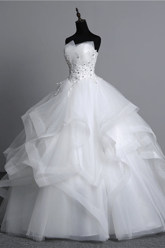 Gorgeous Long Ball Gown Strapless Wedding Dress with Tulle Layers and Appliques Beadings