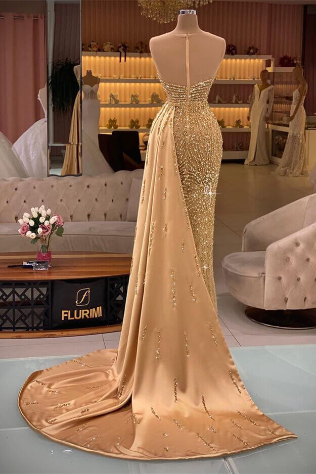 Gorgeous Gold Sweetheart Sleeveless Mermaid Evening Dress with Rhinestone Beadings and Ruffles