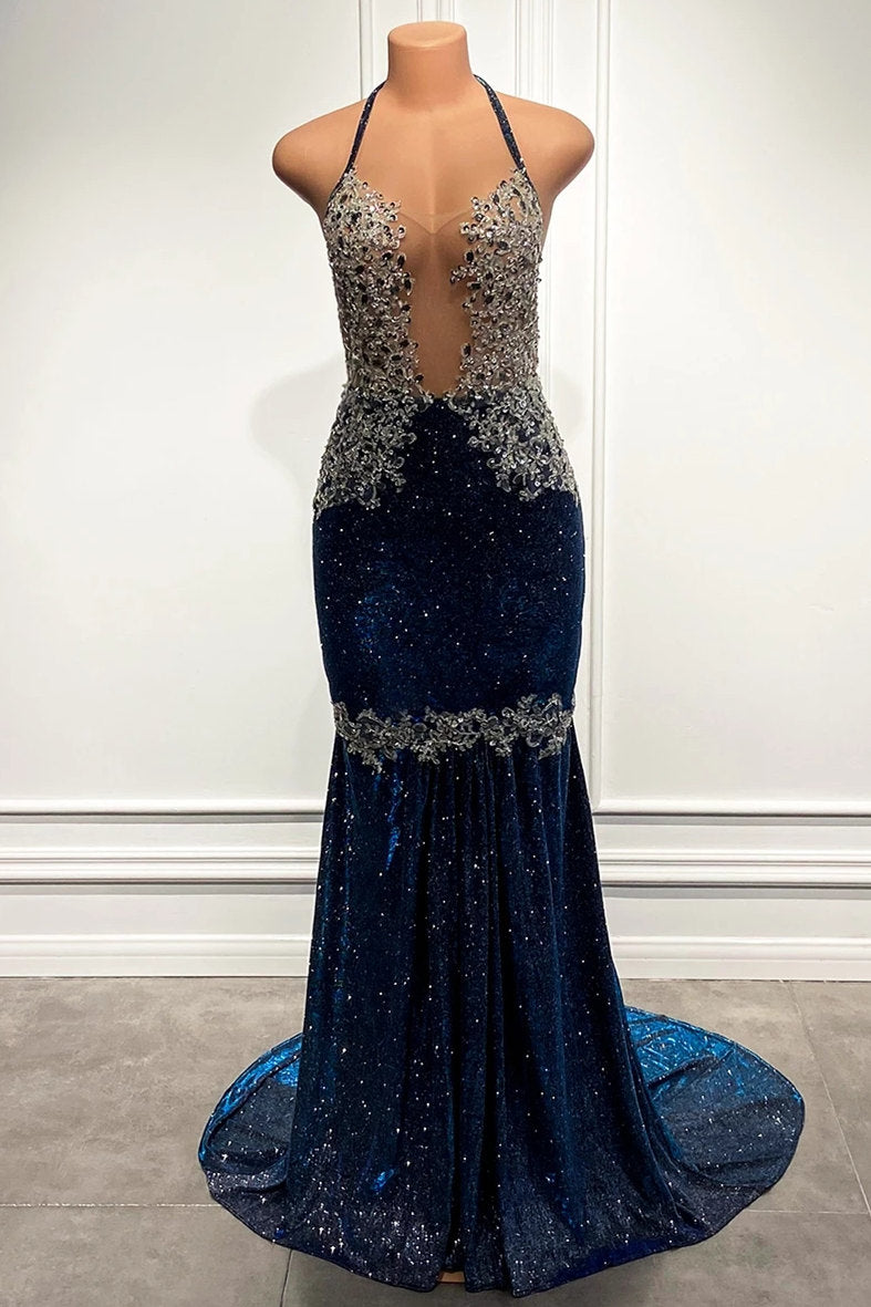 Mermaid Long Prom Dress with Blue Sequins and Spaghetti-Straps