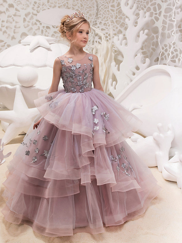 Lace Organza Tulle Maxi Dress for Flower Girls - Sleeveless Jewel Neck with Lace Appliques and Buttons