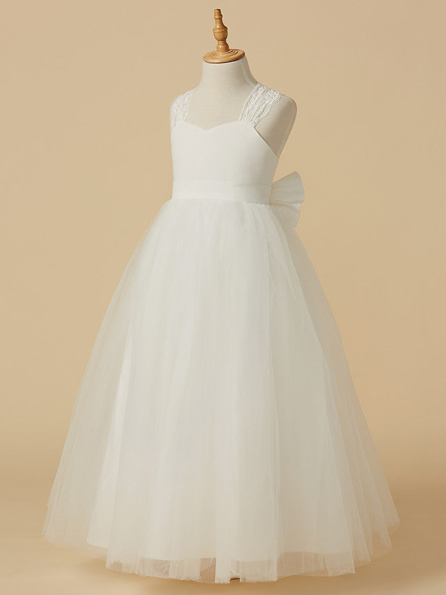 Princess Sleeveless Halter Neck Floor Length Flower Girl Dress with Lace Satin Tulle and Bow