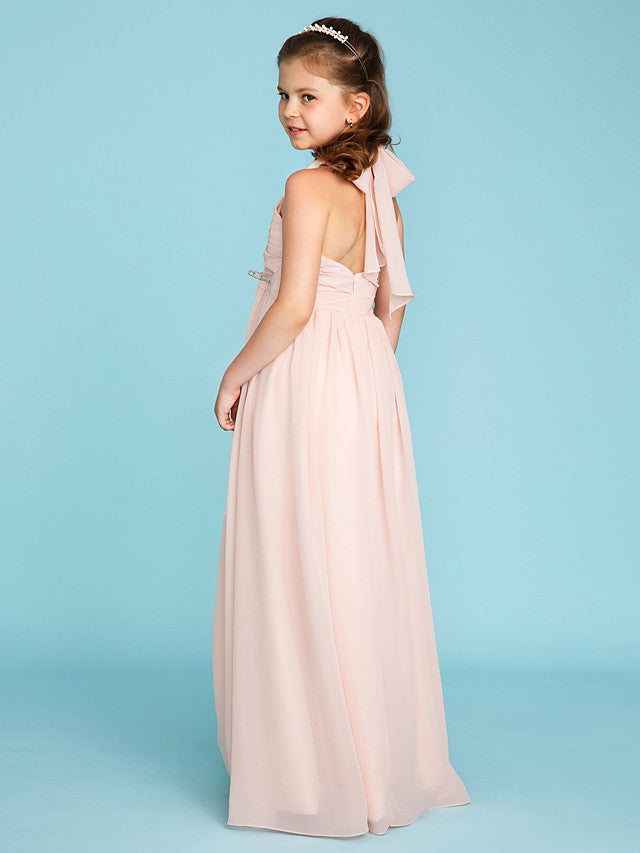 Princess A-Line Halter Neck Flower Girl Dress Floor Length Chiffon With Pleats Ruched