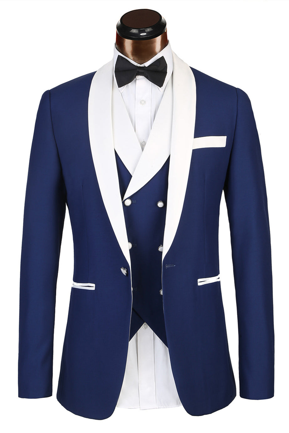 Elegant Blue Men's Suit for Weddings - 3 Piece White Lapel Edge Banding