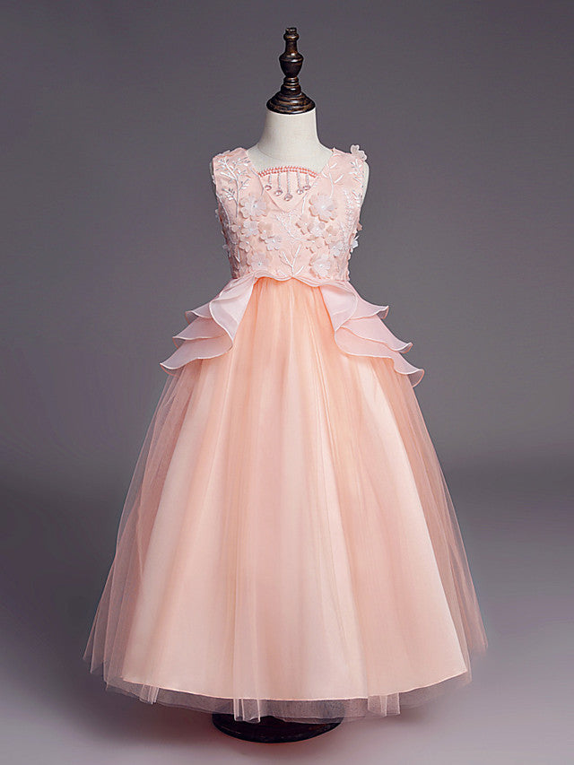 Princess Sleeveless Jewel Long Length Flower Girl Dress with Belt Beadings Embroidery