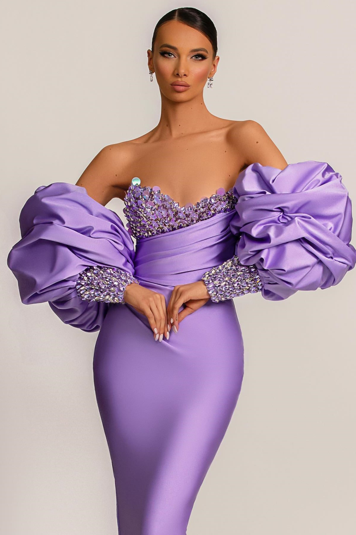 Purple Mermaid Prom Dress With Appliques Puff Sleeves