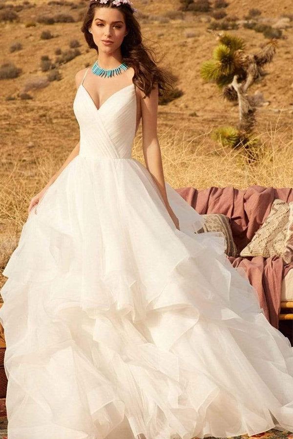 V-Neck Wedding Dress with Ruffles Tulle & Spaghetti Straps