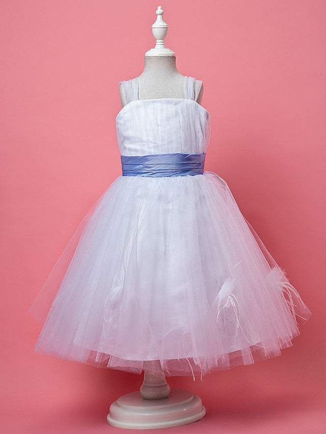 Princess A-Line Knee Length Tulle Sleeveless Dress With Feathers / Fur / Sash / Ribbon / Ruched