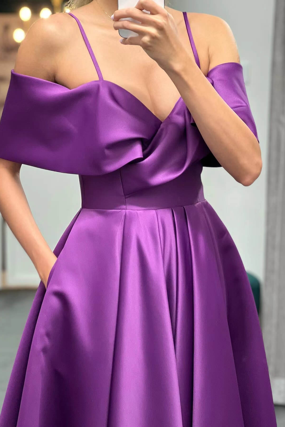 Elegant Purple Off-The-Shoulder Prom Dress A Line With Pockets