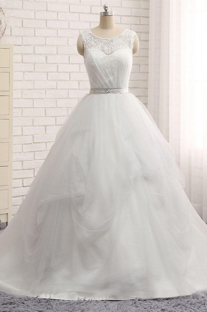 Gorgeous Princess Jewel Long Wedding Dress With Tulle Lace