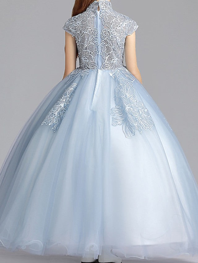 Short Sleeve High Neck Ball Gown with Ruching for Flower Girls