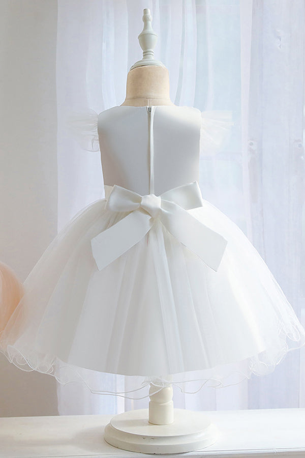 White Ball Gown with Jewel Flower Appliques and Short Sleeves