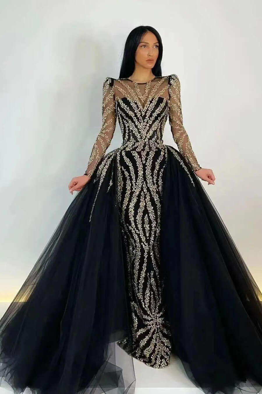 Elegant Black Mermaid Prom Dress with Appliques & Detachable Ruffles Long Sleeves