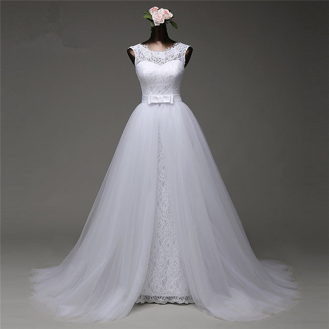 Chic Lace Long Wedding Dress with Jewel Sleeveless and Tulle Overskirt
