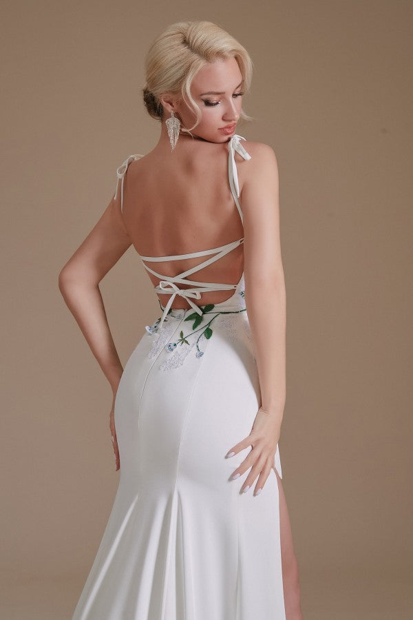 Gorgeous Satin Mermaid Wedding Dress with Open Back & Slit