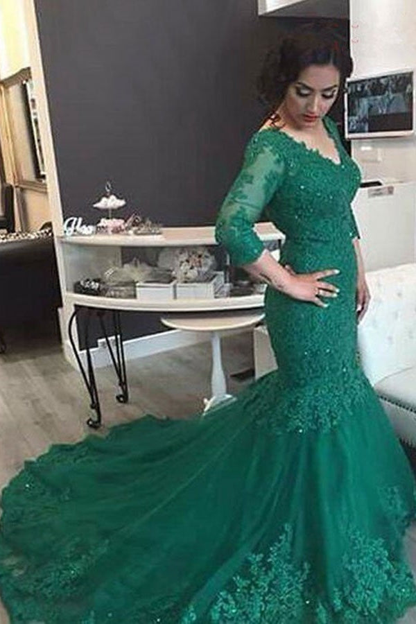 Emerald V-Neck Mermaid Prom Dress with 3/4 Sleeves and Lace Appliques