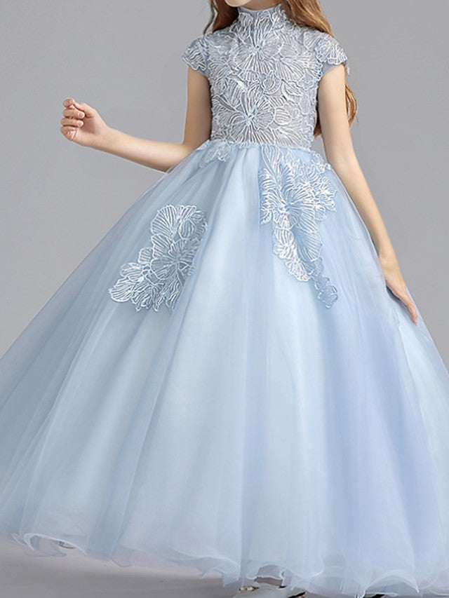 Short Sleeve High Neck Ball Gown with Ruching for Flower Girls