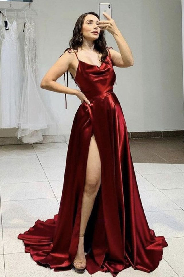 Simple Spaghetti Strap Prom Dress With Split Open Back