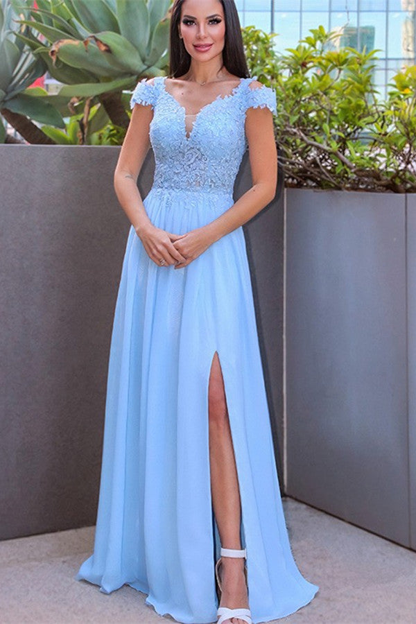 Classy Sky Blue Long Prom Dress with Cap Sleeves and Front Split