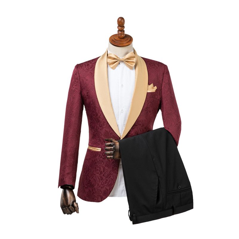 Gentle Burgundy Shawl Lapel Men's Wedding Suit With Jacquard