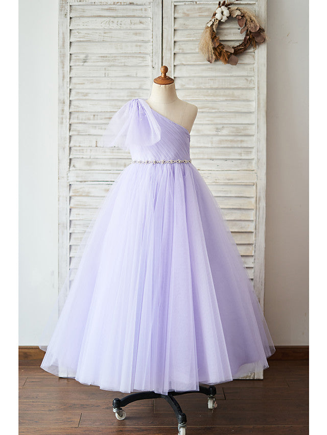 Sleeveless One Shoulder Ball Gown Flower Girl Dress With Belt Bow & Tulle