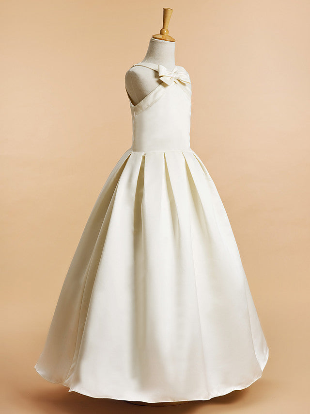 A-Line Satin Sleeveless V Neck Flower Girl Dresses with Bow