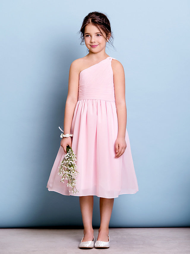 A-Line One Shoulder Knee Length Chiffon Junior Bridesmaid Dress with Ruched Draping Side Draping & Natural Look