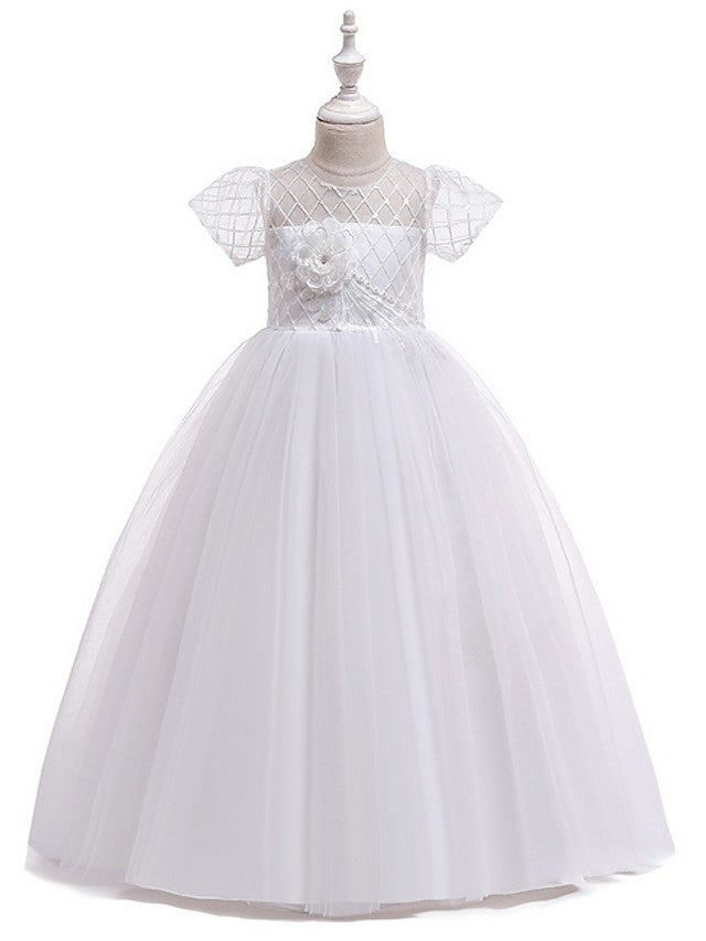 Flower Girl Dress with Bow Appliques - Short Sleeves Ball Gown Floor Length