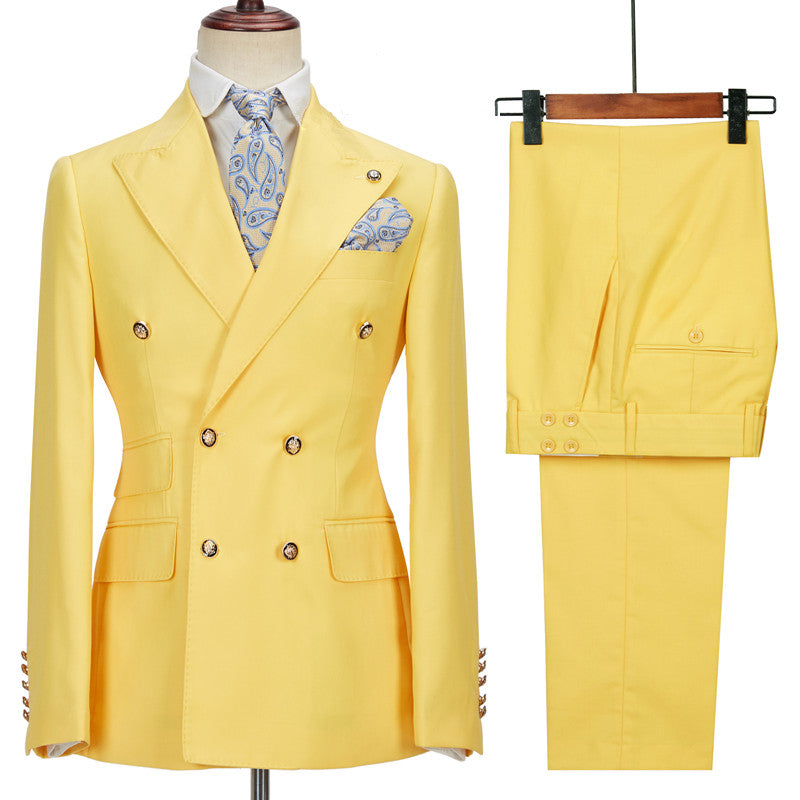 Double Breasted Yellow Peaked Lapel Casual Prom Outfit for Guys