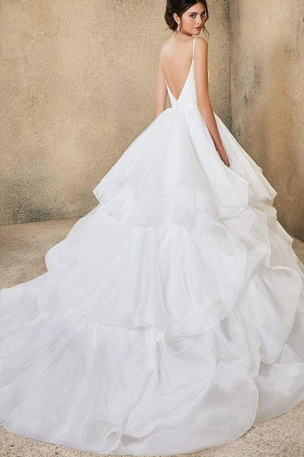 V-Neck Wedding Dress with Ruffles Tulle & Spaghetti Straps