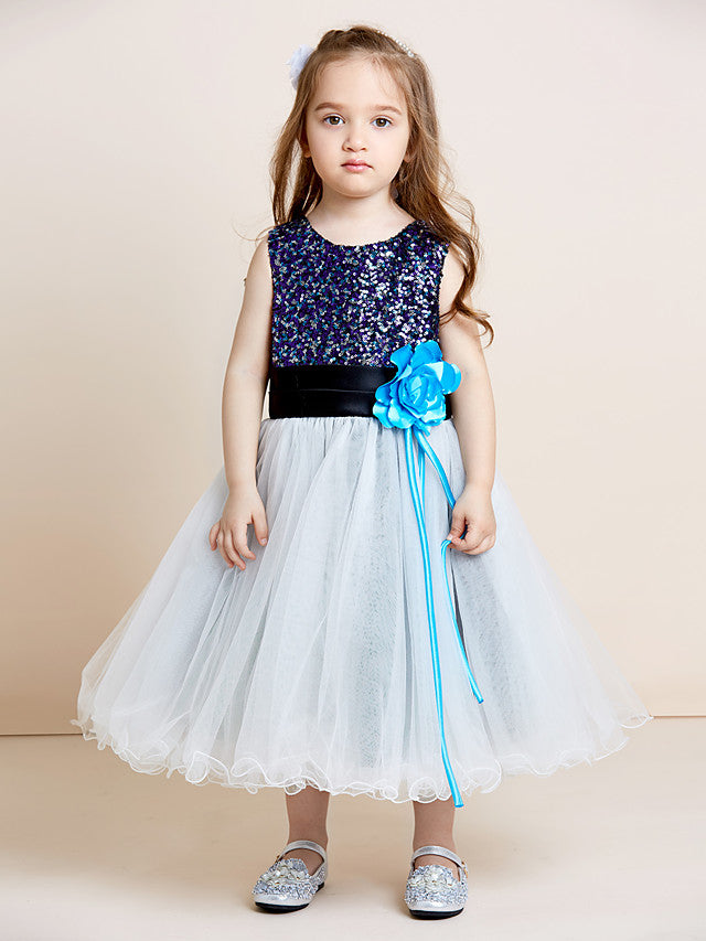 A-Line Tea Length Tulle & Sequined Sleeveless Jewel Neck Dress with Sash Ribbon Sequin Draping and Mini Me