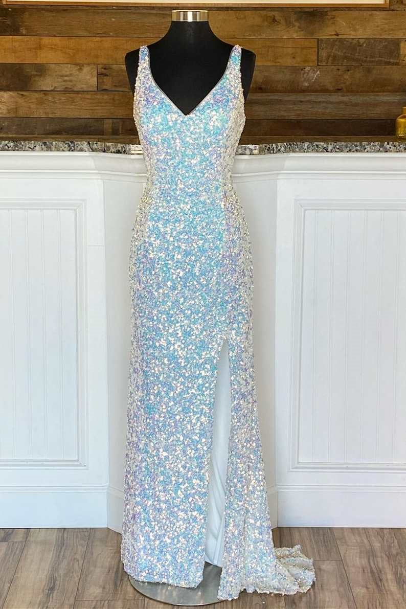 Stunning Sparkle Mermaid Evening Dress With Split Spaghetti-Straps and Sequins