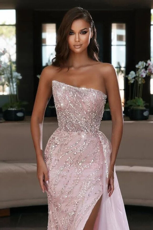 Strapless Light Pink Mermaid Sequins Prom Dress Split With Ruffles Online