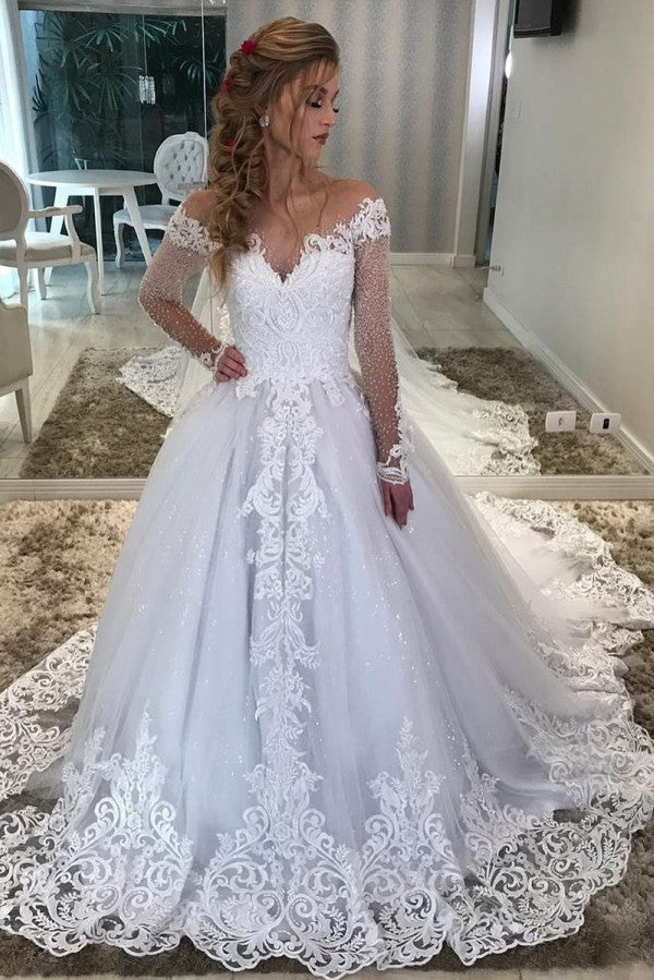 Vintage A-Line Sweetheart Off-the-Shoulder Wedding Dress with Long Sleeves, Appliques, Lace and Sequins